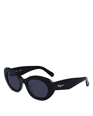 Shop Ferragamo Oval Sunglasses, 53mm In Black/black Solid
