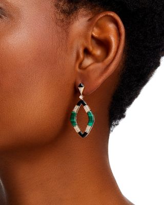 Malachite, Onyx & Diamond Drop Earrings in 14K Yellow Gold 