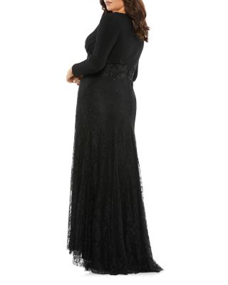  Plus Wrap-Over Long Sleeve Lace Applique Trumpet  Gown