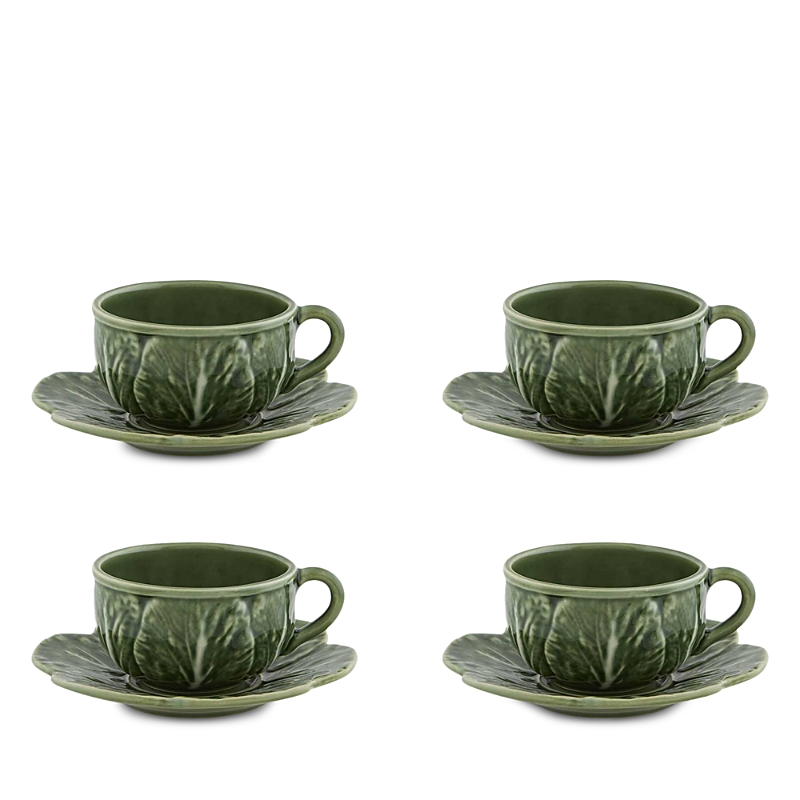 Bordallo Pinheiro Cabbage Teacup & Saucers, Green - Set Of 4