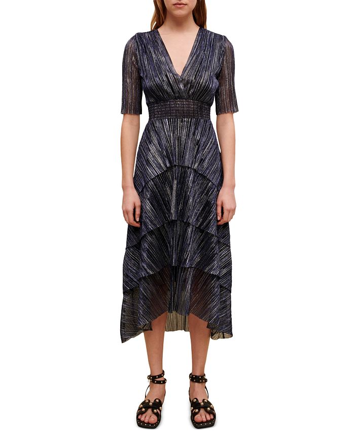 Maje Ruffina Metallic Crinkle Midi Dress | Bloomingdale's