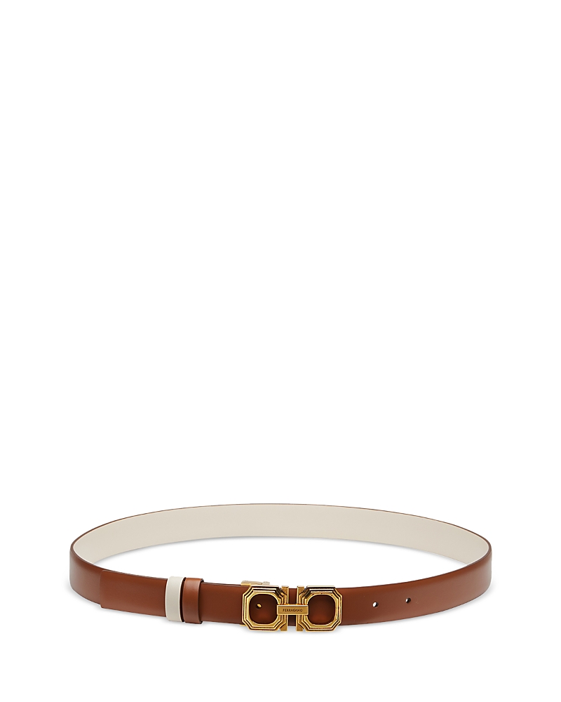 Ferragamo Reversible And Adjustable Squared Gancini Belt In Brown/gold