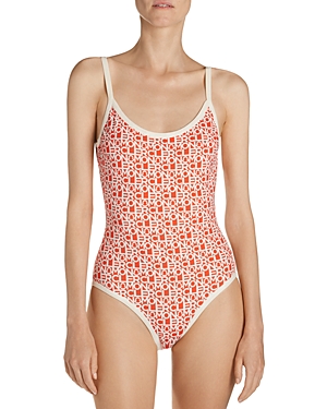 Shop Moncler Logo Print One Piece Swimsuit In Orange