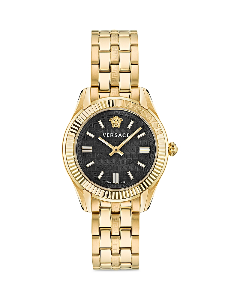 Versace Women's Swiss Greca Time Gold Ion Plated Bracelet Watch 35mm In Black/gold