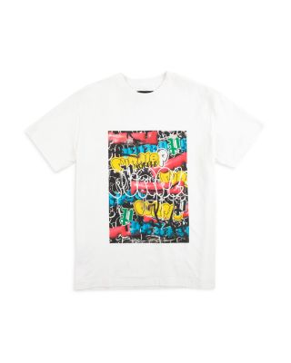 white graphic tee with purple