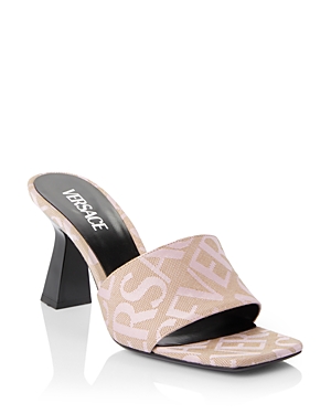 Versace Women's Logo Flare Heel Mule Sandals In Beige/baby