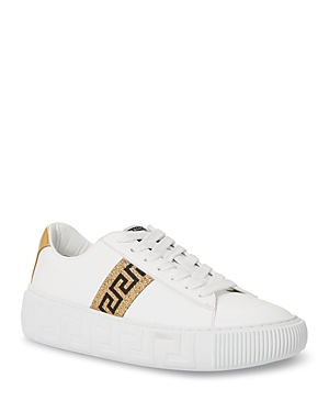 Shop Versace Women's Lace Up Low Top Sneakers In White/gold