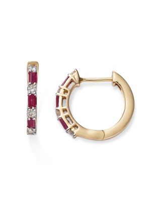 Ruby & Diamond Huggie Hoop Earrings in 14K Yellow Gold 