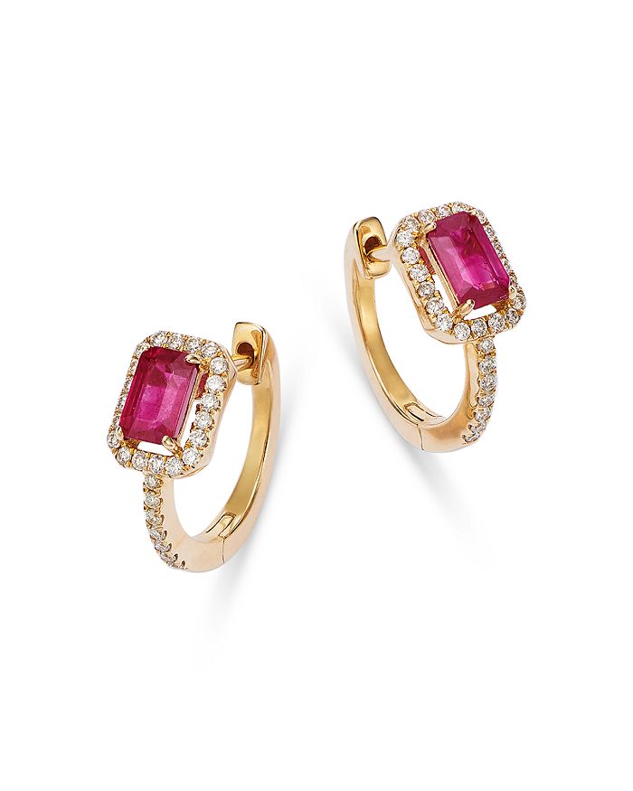 Bloomingdale's - Ruby & Diamond Halo Hoop Earrings in 14K Yellow Gold - 100% Exclusive