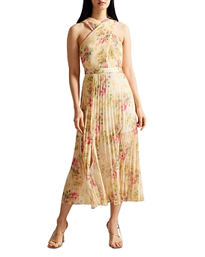 Ted Baker 270508 Floral Print Pleated Midi Cocktail Dress In Tan