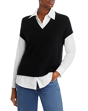C By Bloomingdale's Cashmere Collared Layered Look Cashmere Jumper - 100% Exclusive In Black/white