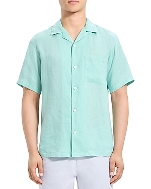 Theory Noll Linen Short Sleeve Shirt In Celadon