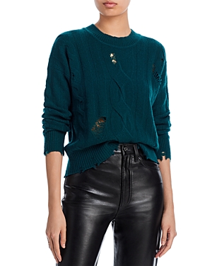 Aqua Cashmere Distressed Cable Crewneck Cashmere Sweater - 100% Exclusive In Green