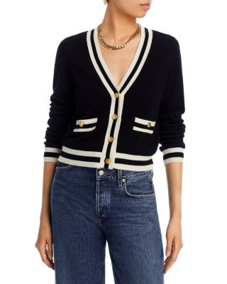 AQUA - Stripe Trim Novelty Button Cashmere Cardigan - Exclusive