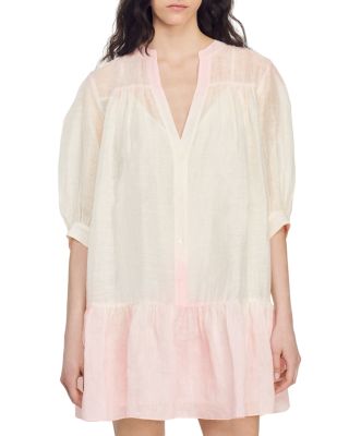 chinese dress ladies Sandro Layered mini blouse dress in linen blend - White main image 0