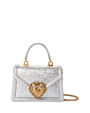 Shop Dolce & Gabbana Small Devotion Glitter Top Handle Bag In Argento