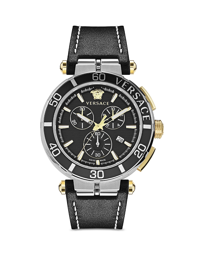 Versace Greca Chrono Leather Watch In Black
