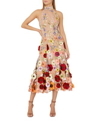 MILLY Penelope 3D Flower Halter Midi Dress | Bloomingdale's Women