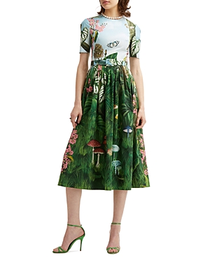 Oscar De La Renta Botanical Forest Print Stretch Poplin Midi Dress In Green Multi