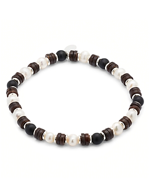 Cultured Freshwater Pearl, Onyx, Wood & Sterling Silver Stretch Bracelet