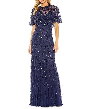 Mac Duggal Embellished Illusion Cape Sleeve Trumpet Gown In Midnight