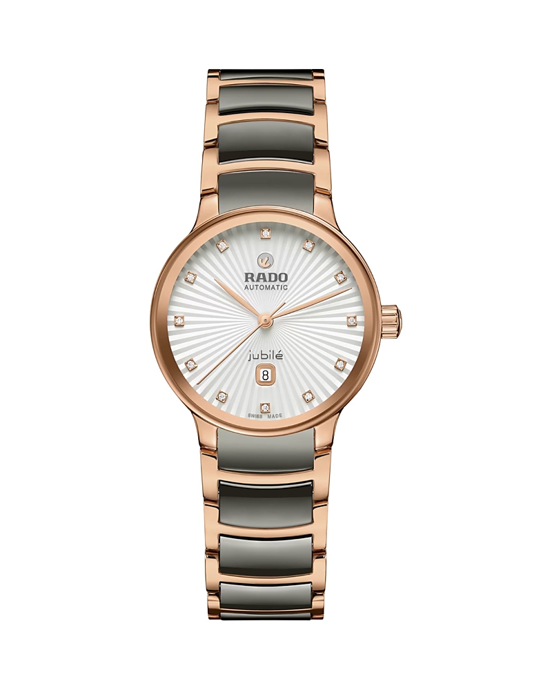 Rado Women's Swiss Automatic Centrix Diamond Accent Black Ceramic & Rose Gold Pvd Stainless Steel Bracele In White/gray
