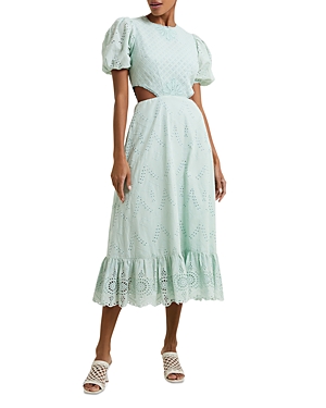 FRENCH CONNECTION ESSE EYELET EMBROIDERED MIDI DRESS