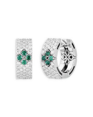 Roberto Coin - 18K White Gold Love in Verona Emerald & Diamond Flower Huggie Hoop Earrings