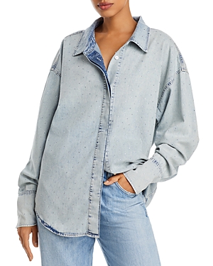 GOOD AMERICAN CRYSTAL EMBELLISHED DENIM WEEKENDER SHIRT