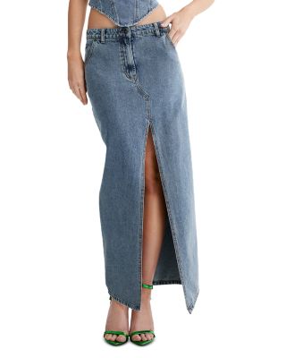 Lioness - Barbie Split Maxi Denim Skirt in Faded Denim