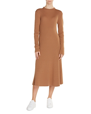Shop Moncler Ribbed Sweater Midi Dress In Medium Beige