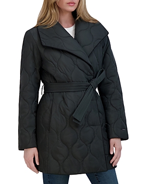 Shop Tahari Janelle Quilted Wing Collar Coat In Olive