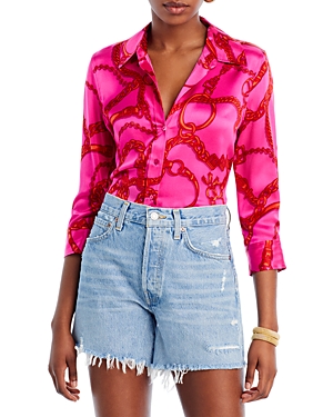 L Agence Dani Chain Link Print Silk Button-up Shirt In Pink Red Buckle Chain