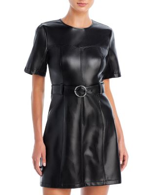 knee length dresses for ladies Rent French Connection Etta Vegan Leather Belted Mini Dress Black main image 0
