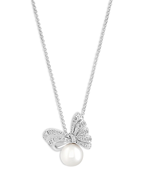 Bloomingdale's Diamond (0.33 Ct. T.w.) & Cultured Freshwater Pearl (7.5 Mm) Bow Necklace In 14k White Gold, 18"