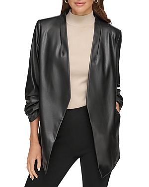 Dkny Faux Leather Ruched Sleeve Blazer
