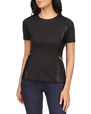 Michael Kors Faux Leather Combo Short Sleeved Chain Detail Top In Black