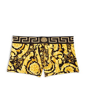 Shop Versace Printed Low-rise Stretch Cotton Blend Trunks In Black Print