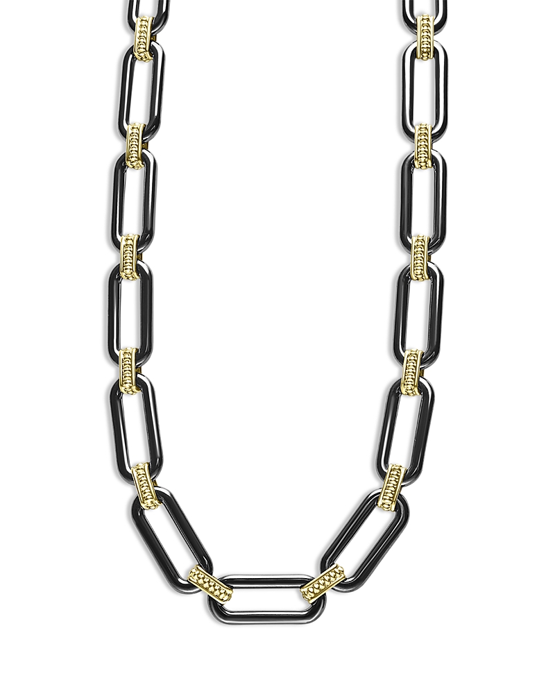 Lagos Signature Caviar Ceramic Link Necklace In Black/gold