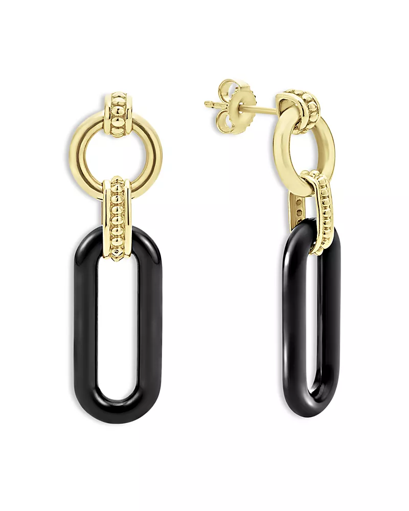 Lagos 18K Yellow Gold Black Caviar Ceramic Link Drop Earrings