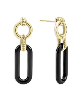 18K Yellow Gold Black Caviar Ceramic Link Drop Earrings