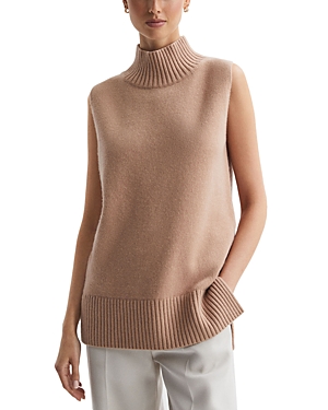 Reiss Camel Gazelle Casual Wool-cashmere Funnel Neck Sleeveless Top In Camel