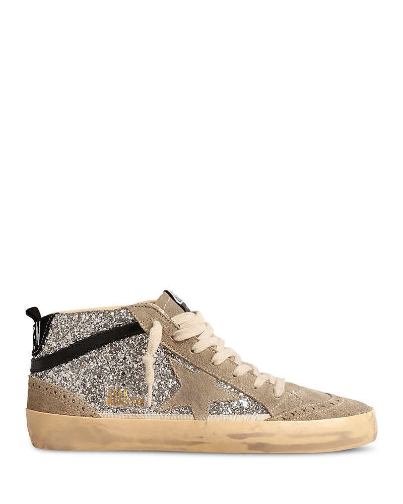Golden Goose Mid Star In Silver Glitter With Suede Star And Black Flash In Silver Taupe