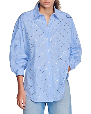 Shop Sandro Janeiro Poplin Rhinestone Shirt In Sky Blue
