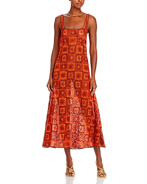 Shop Johanna Ortiz Birdsong Crocheted Square Neck Dress In Terracotta/red