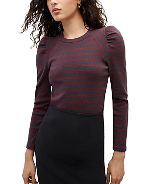 Veronica Beard Delano Stripe Puff Sleeve Cotton Top In Navy/syrah