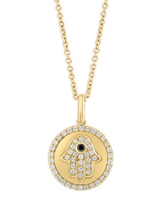 Black & White Diamond Hamsa Hand Pendant Necklace in 14K Yellow Gold, 18"