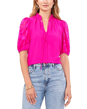 Vince Camuto Floral Sleeve Tie Neck Blouse In Fuchsia