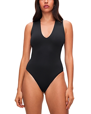 Good American Deep V-neck Scuba Knit Thong Bodysuit In Black001