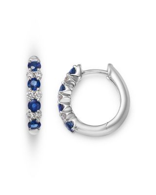 Blue Sapphire & Diamond Huggie Hoop Earrings in 14K White Gold